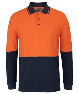 A long-sleeve polo shirt featuring orange and navy colours, with a pocket and a logo.