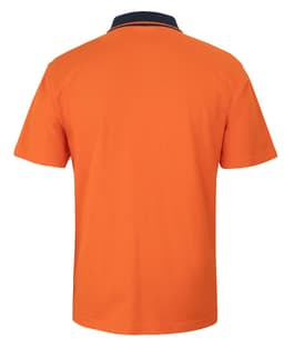 An orange cotton pique polo shirt with a navy collar at the back, featuring a logo.
