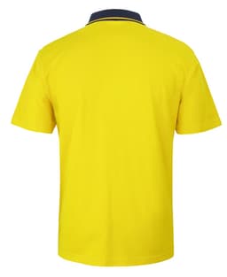 A yellow short-sleeved polo shirt featuring a dark collar and a logo on the back.
