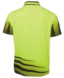 A bright yellow-green work polo shirt with a wave pattern in darker shades, featuring a collar and a logo.