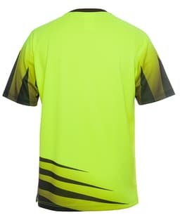 A bright yellow and green work t-shirt with a distinctive design and short sleeves. It features a logo.