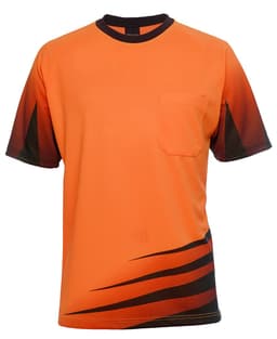 An orange short-sleeve work t-shirt with black and dark orange design elements and a chest pocket. It features a logo.