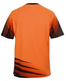 An orange short-sleeved work t-shirt featuring black design elements and a logo.