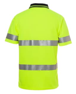 A high-visibility yellow polo shirt with reflective strips and a collar, featuring a logo on the front.