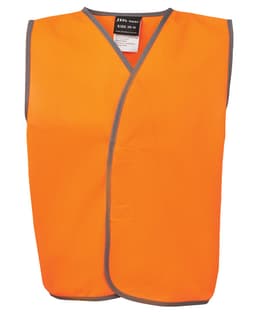 An orange safety vest for kids, featuring grey trim and a logo, designed for safety wear.