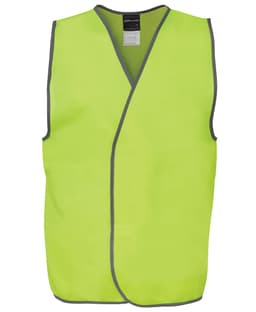 A high-visibility safety vest in bright yellow with grey trim and a logo.
