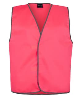 A bright pink safety vest featuring grey trim and no sleeves, including a logo.