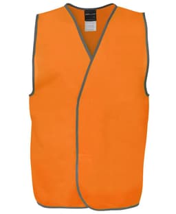 An orange safety vest with grey trim and a logo, designed for visibility and high safety standards.