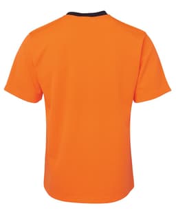 An orange work t-shirt with short sleeves and a black collar, featuring a logo on the back.