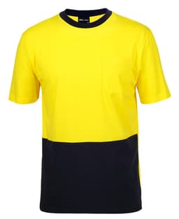 A bright yellow crew neck cotton T-shirt with a black lower section and a chest pocket. Features a logo.