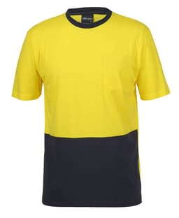 A yellow and navy crew neck cotton T-shirt featuring a pocket and a branding logo. Suitable for workwear.