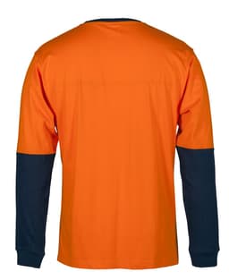 An orange long-sleeve cotton crew neck t-shirt with navy blue sleeves and a logo. Suitable for safety wear.