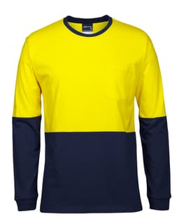 A long-sleeved crew neck T-shirt in high-visibility yellow and navy blue, featuring a pocket and a logo.