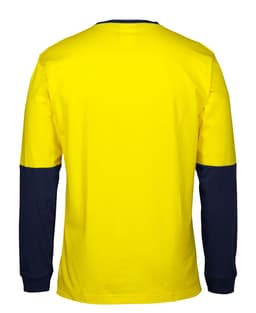 A long-sleeve crew neck cotton T-shirt in yellow with navy blue sleeves, featuring a logo.