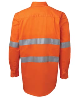 An orange long-sleeve work shirt featuring reflective strips and a collar, with a branding logo.