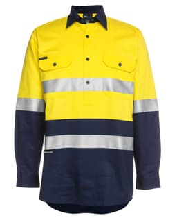 A long-sleeved work shirt in yellow and navy, featuring reflective stripes and a branded logo.