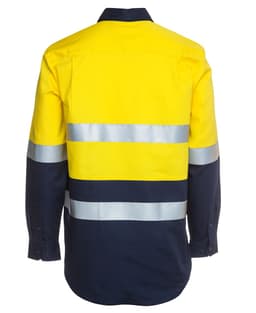 A long-sleeved work shirt featuring a high-visibility yellow and navy design with reflective strips.
