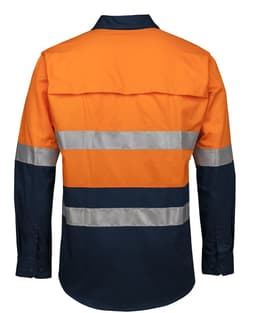 A long-sleeved work shirt in orange and navy with reflective stripes and a back yoke design.