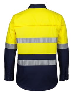 A high-visibility long-sleeve work shirt featuring bright yellow and navy colours with reflective stripes.