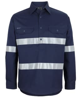 A navy long-sleeve work shirt featuring reflective tape and two front pockets, with a logo.