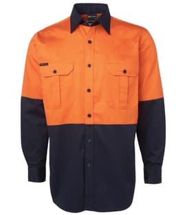 An orange and navy long-sleeve work shirt with two chest pockets and a logo.