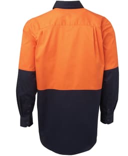 A long-sleeve work shirt in orange and navy blue, featuring a logo on the back. Designed for workwear use.