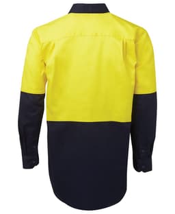 A long-sleeve work shirt in high-visibility yellow and navy blue, featuring a back view and a logo.