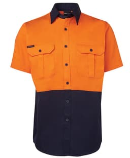 An orange and navy short-sleeve work shirt with two chest pockets and a logo.