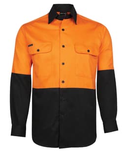A long-sleeve work shirt in bright orange and black, featuring two front pockets and a logo.