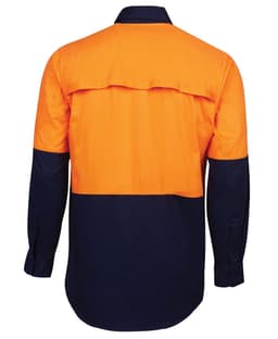 A vibrant orange and navy long-sleeve work shirt with a back flap and buttoned cuffs. Features a logo.