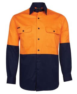 An orange and navy blue long-sleeve work shirt with two front pockets and a logo.