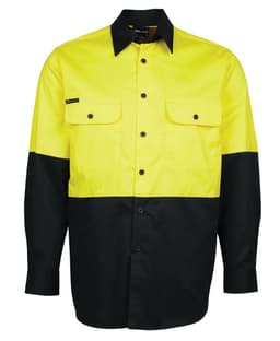 A work shirt featuring a high-visibility yellow upper half and a black lower half, with two front pockets and a logo.