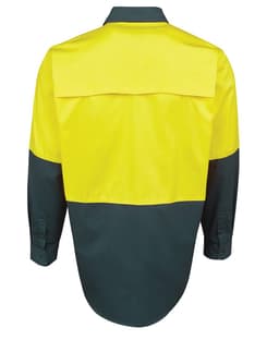 A long-sleeved shirt in fluorescent yellow and dark green, featuring a split colour design and a back yoke.