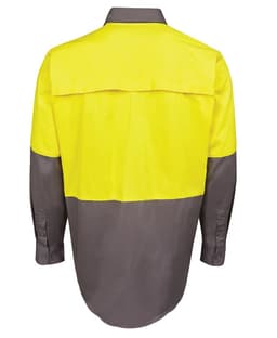 A long-sleeve work shirt in high-visibility yellow and grey, featuring a back vent and buttons.