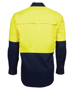 A long-sleeved work shirt in high visibility yellow and navy blue, featuring a back yoke and a logo.