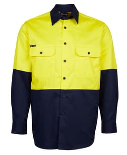 A long-sleeved work shirt in high visibility yellow and navy, featuring two chest pockets and a logo.