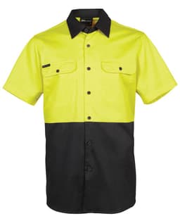 A short-sleeved work shirt in bright yellow and black, featuring a button-up front and two chest pockets.