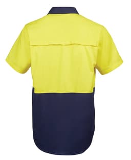A short-sleeved work shirt in vivid yellow and navy, featuring a hidden pocket and brand logo.