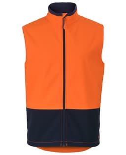 A three-layer softshell vest in lime and navy, featuring a zip front and a logo. Ideal for workwear.