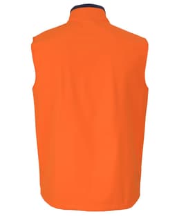 A three-layer softshell vest in lime and navy, featuring a high collar and sleeveless design. It has a logo.