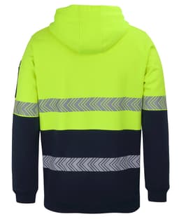 A high-visibility hoodie in bright yellow and navy, featuring segmented reflective tape and a hood. Includes a logo.