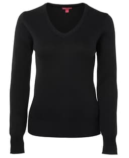 A black ladies knitted jumper with a V-neck and long sleeves, featuring ribbed cuffs and hem.
