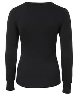 A black knitted jumper featuring a ribbed hem and long sleeves, with a logo on the back.