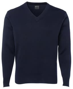 A knitted jumper in navy blue with a V-neck design and long sleeves. It features a logo on the label.