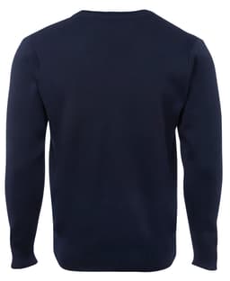 A navy blue knitted jumper with long sleeves and a crew neck, featuring a simple design and no visible logos.