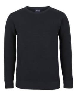 A black chunky crew neck jumper with a ribbed texture and long sleeves. It features a logo on the inside collar.