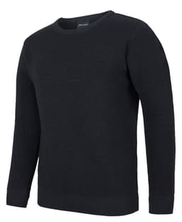 A black knitted crew neck jumper with long sleeves and ribbed detailing. It features a branding logo on the neck.