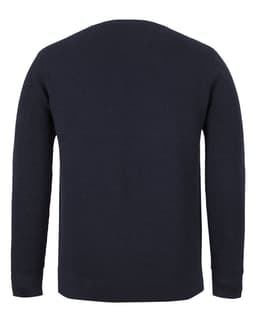 A chunky navy knitted jumper with a crew neck and long sleeves, featuring a back view and a plain design.