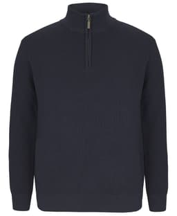 A navy chunky 1/2 zip jumper with a ribbed texture and a zippered collar. Includes a logo on the garment.