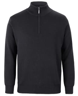 A black men's knitted jumper with a half-zip collar and long sleeves, featuring a subtle logo.